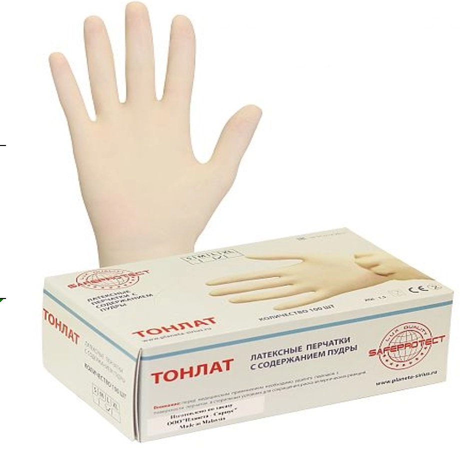 Перчатки "ТонЛат" (латекс, пудра, бесцв.,толщ.0,12мм,дл.245мм.) р.S,M,L