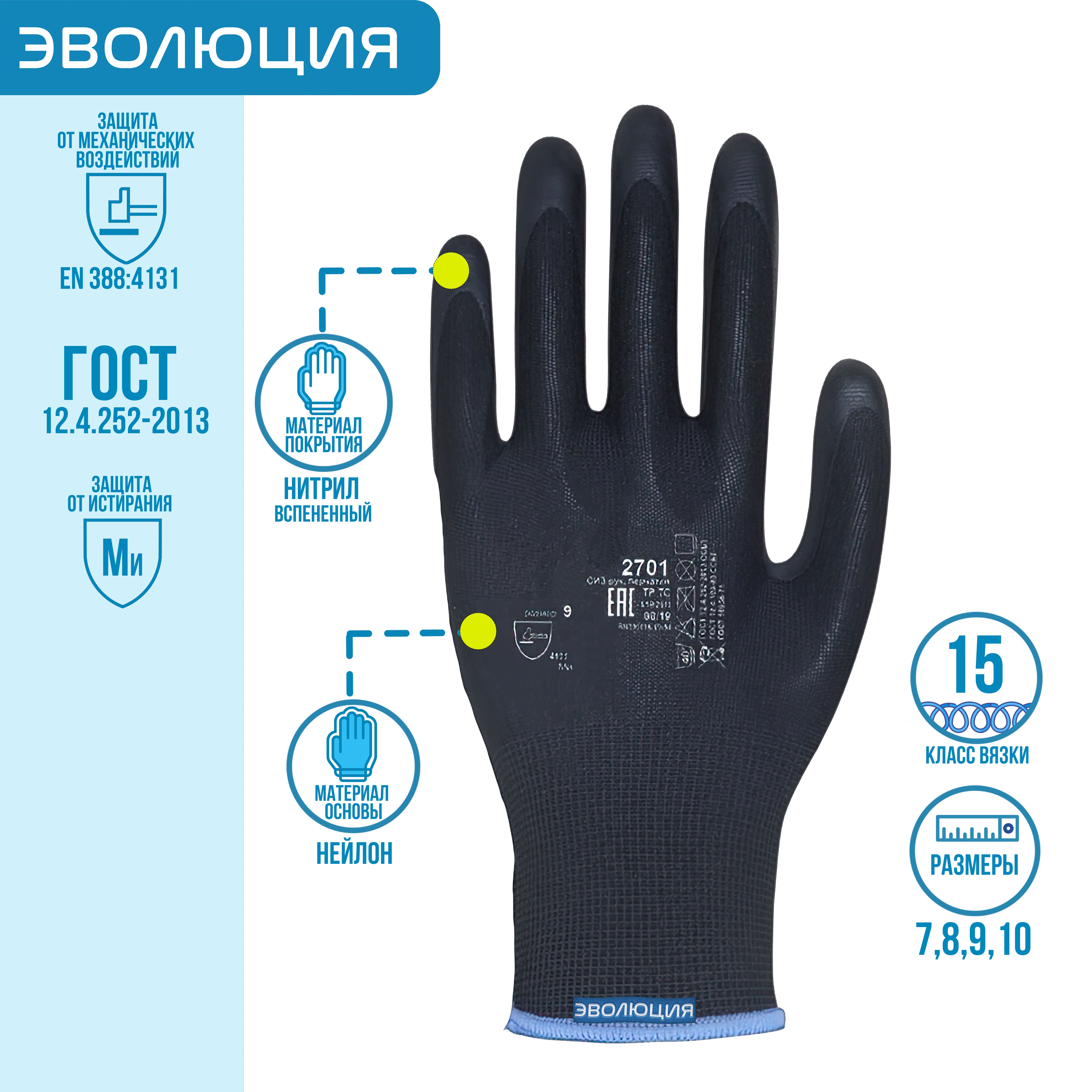 Перчатки нейлоновые «Air 2701BLK» с нитриловым покрытием 